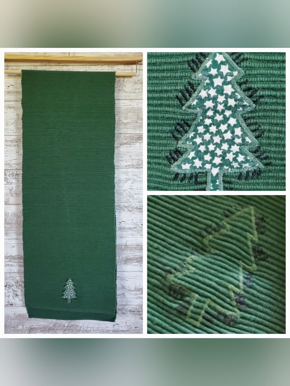 Reversible Green Ribbed Tree Table Runner Rustic Cabin Holiday Decor